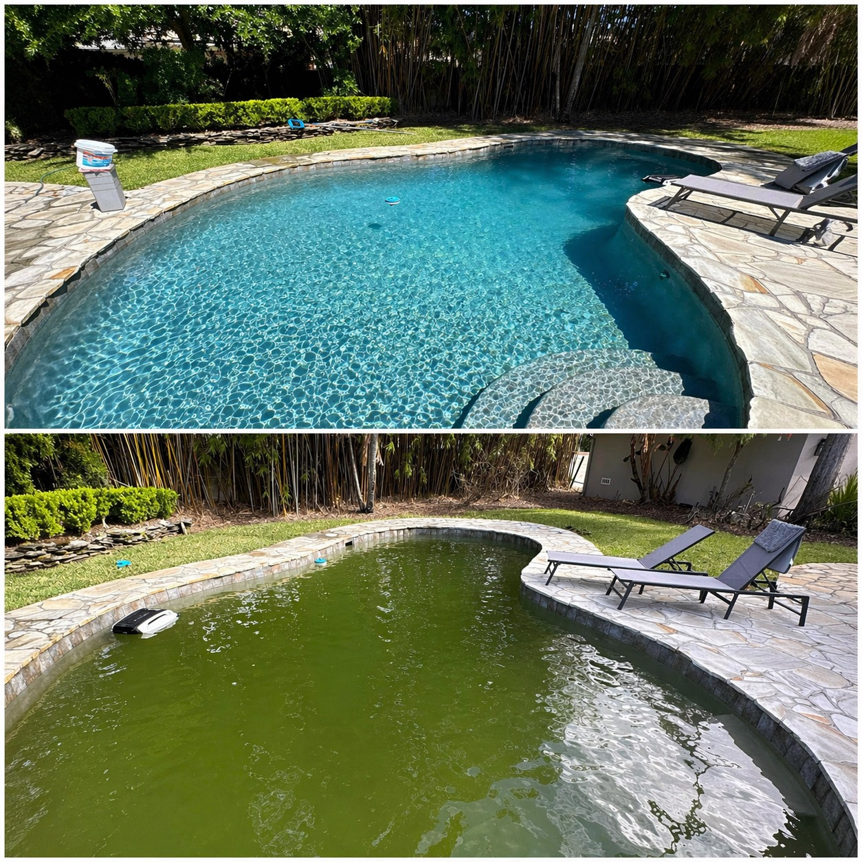 Parks Pools technician treating a green, algae-filled pool in Orlando